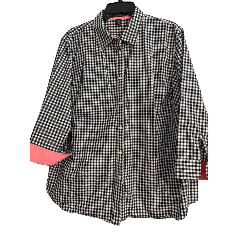 Lauren Ralph Lauren Button Down 2X Black Gingham Pink Blouse Preppy Classic Work